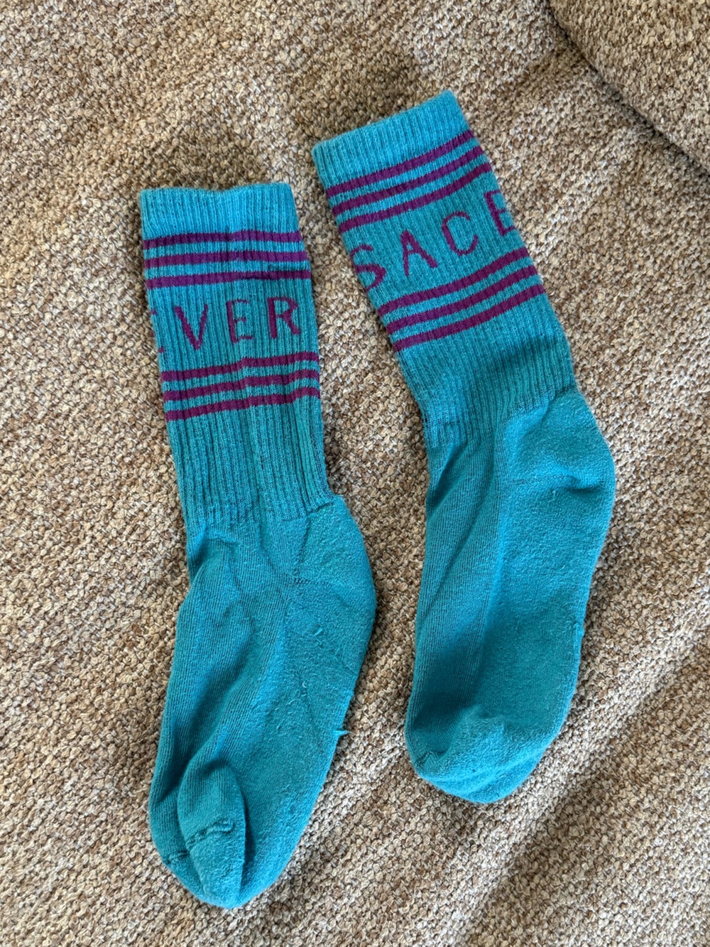 Versace Teal Crew Socks with Purple Logo Stripes